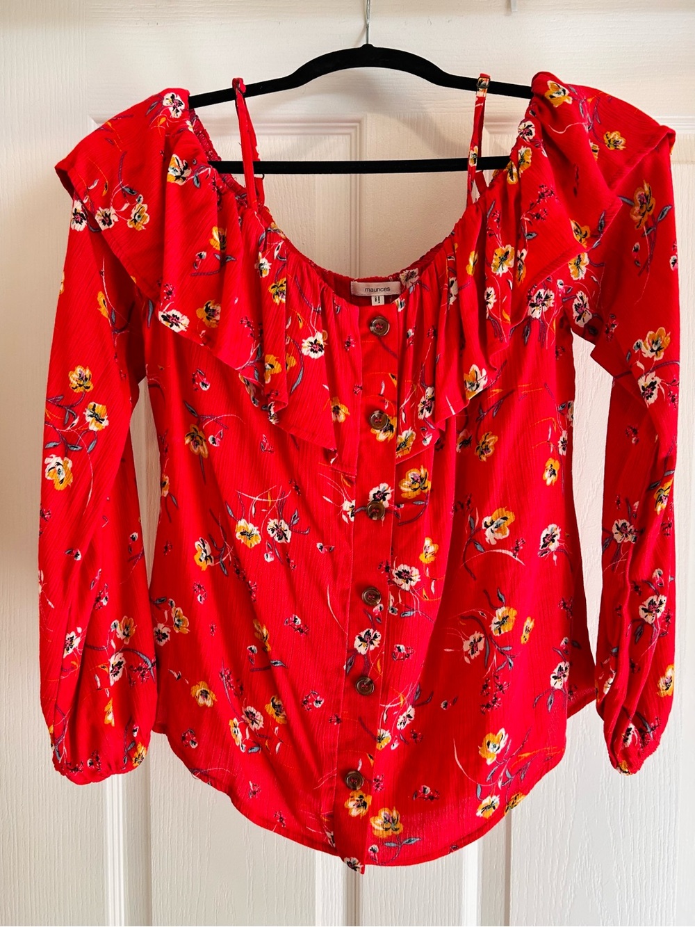 Maurices Red Floral Off-Shoulder Ruffle Blouse